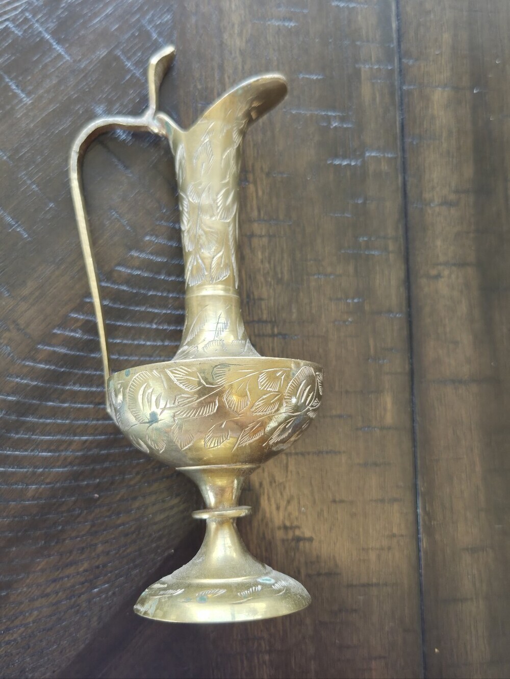 Vintage Etched Brass Pitcher India - Ornate Floral Footed Ewer Vase